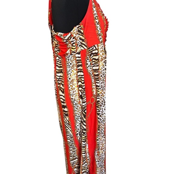 Women’s Maxi Dress Cut Out Gold Chain Lock Animal Print Red Mob Wife Large - Picture 7 of 11